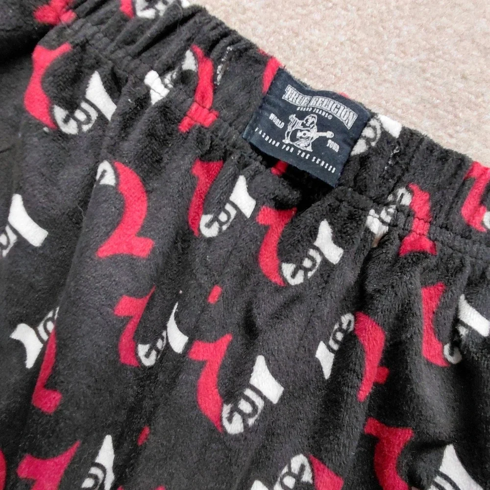 True Religion Black W/Red Logo All Over Print Velour Fleece Lounge Pants Mens XL